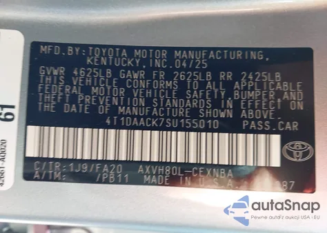 2025 Toyota Camry Le z USA, uszkodzony, nr VIN 4T1DAACK7SU155010